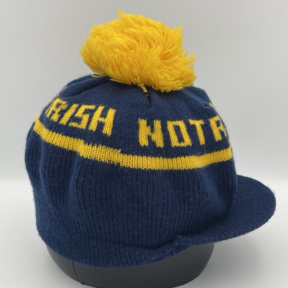 Vintage 90s Notre Dame Fighting Irish Blue Knit Brimmed Stocking Beanie Pom Hat - Picture 5 of 14